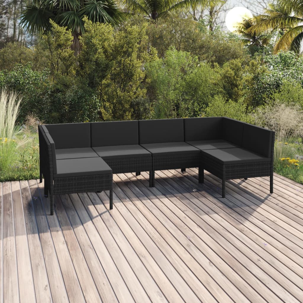 vida XL 6-tlg. Garten-Lounge-Set mit Auflagen Poly Rattan Schwarz