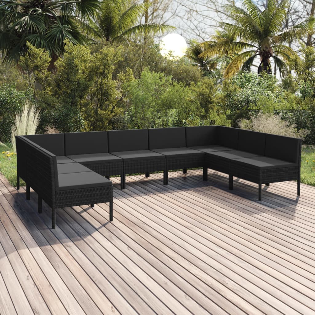 vidaXL Set mobilier de grădină cu perne, 9 piese, negru, poliratan