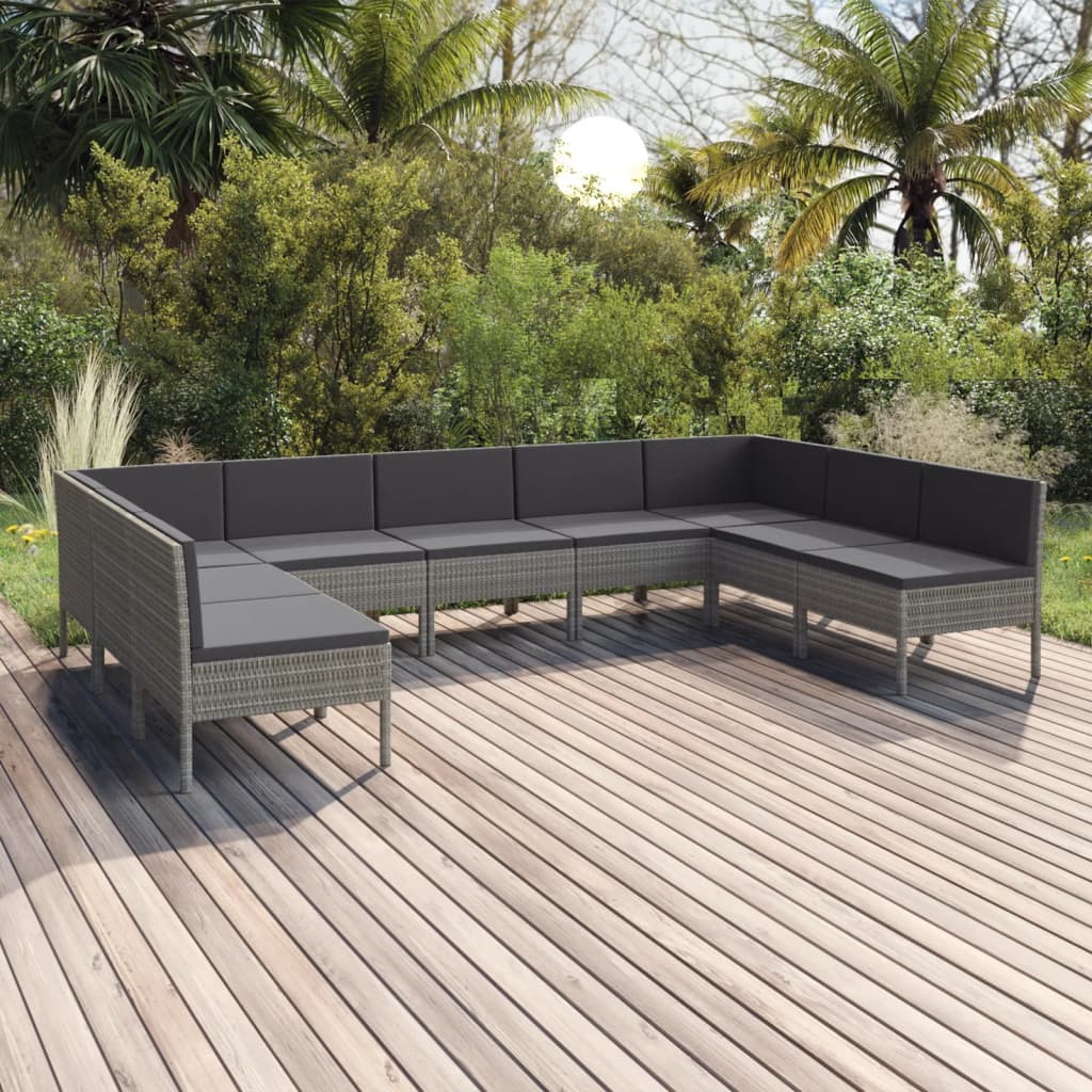 vidaXL 9-tlg. Garten-Lounge-Set mit Auflagen Poly Rattan Grau