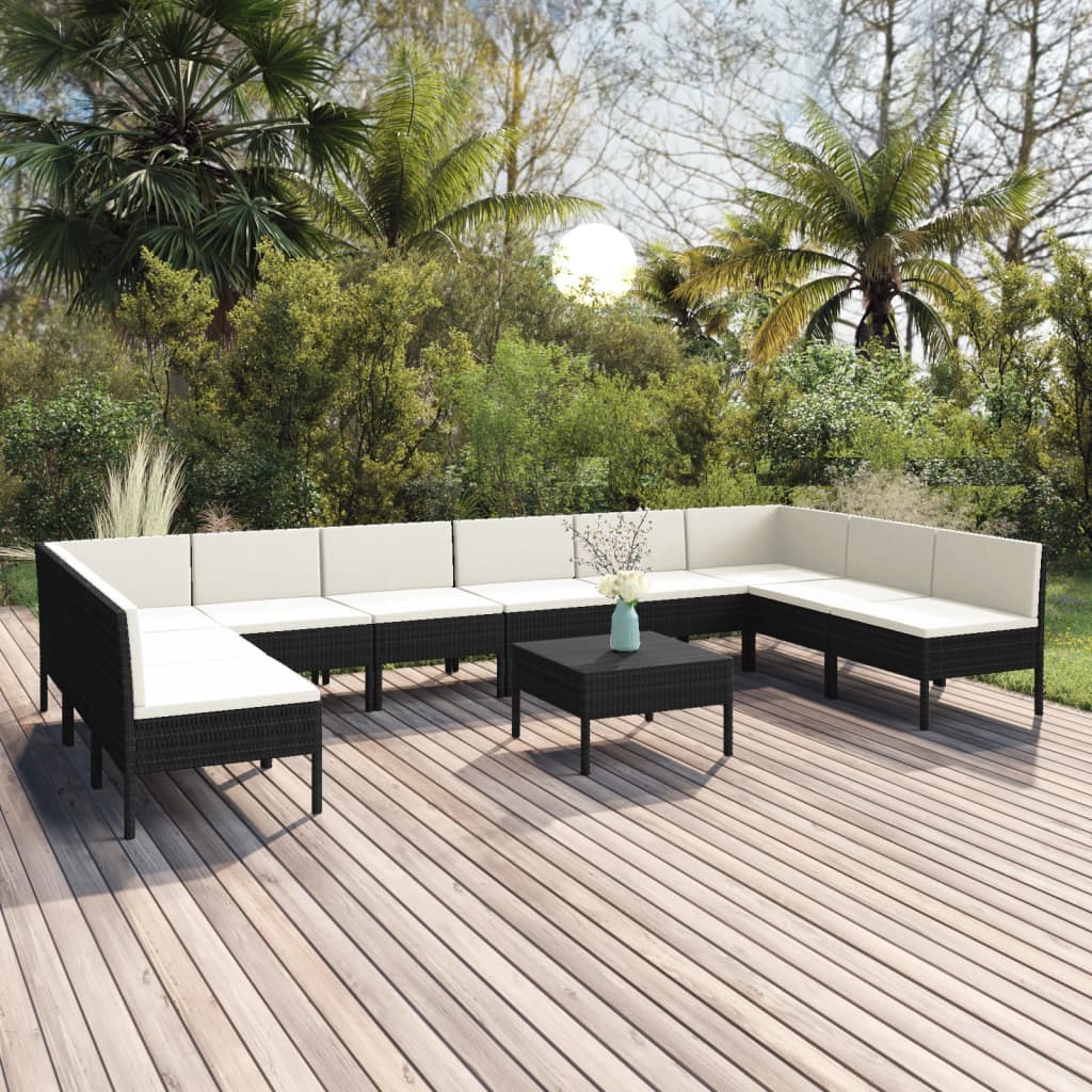 vida XL 11-tlg. Garten-Lounge-Set mit Auflagen Poly Rattan Schwarz