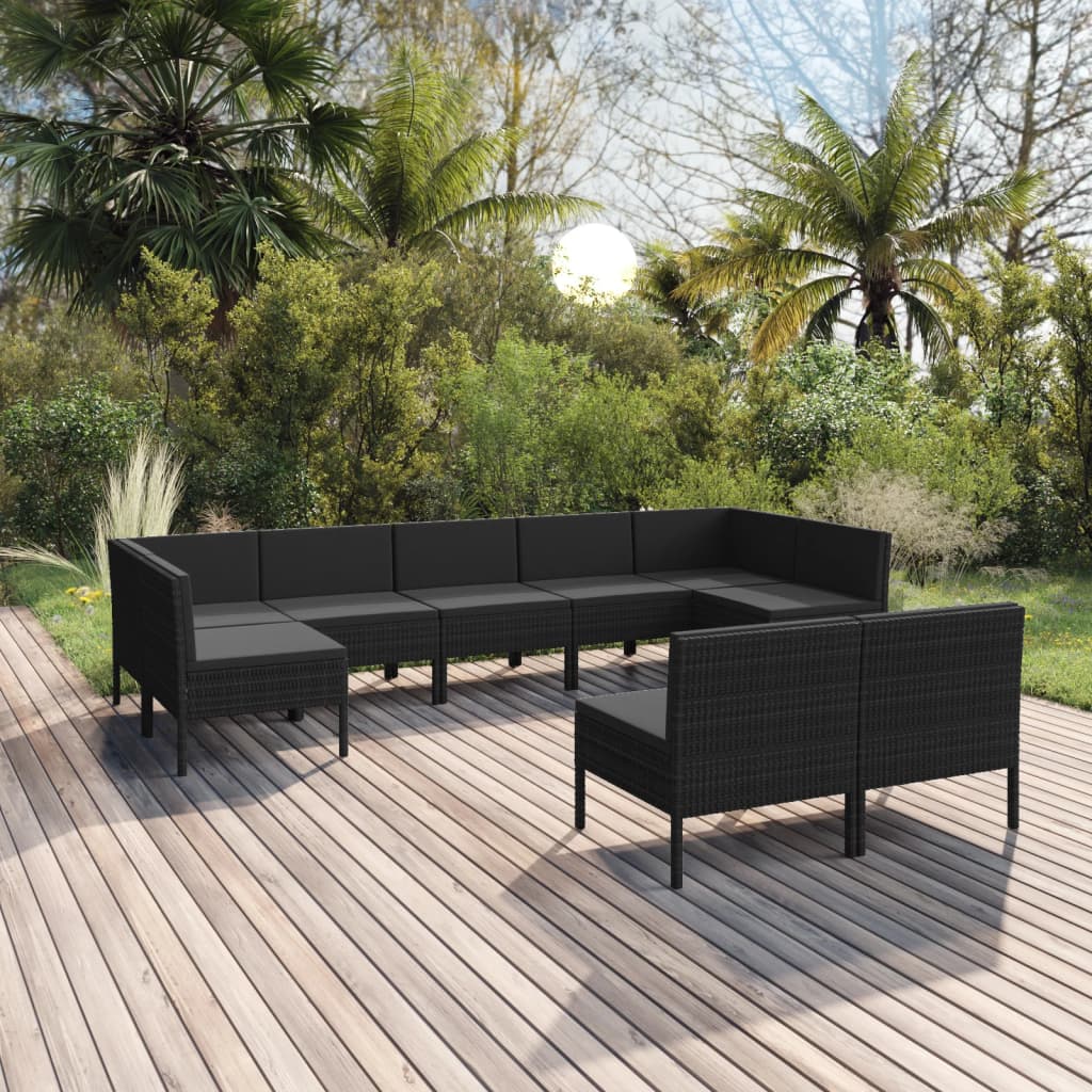 vidaXL Set mobilier de grădină cu perne, 9 piese, negru, poliratan