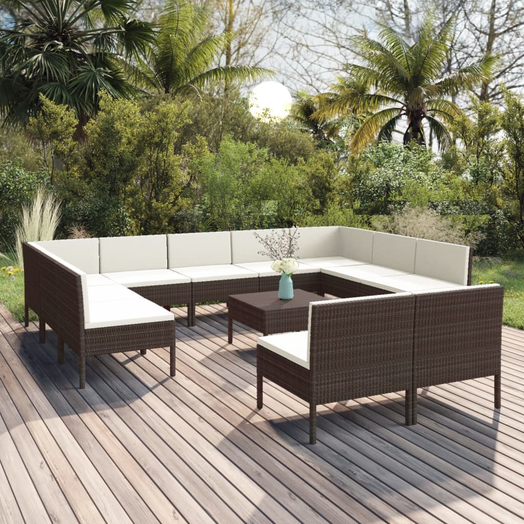 vida XL 12-tlg. Garten-Lounge-Set mit Auflagen Poly Rattan Braun