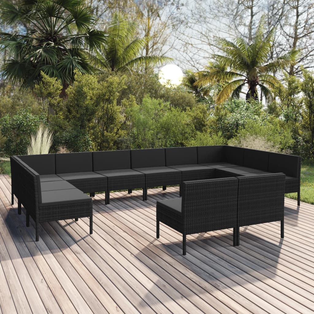 vidaXL 12-tlg. Garten-Lounge-Set mit Auflagen Poly Rattan Schwarz