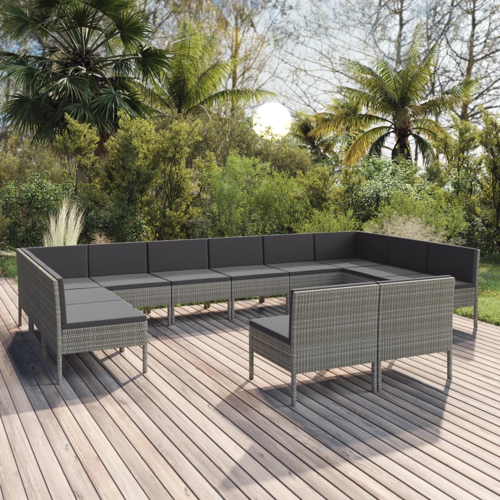 vidaXL 12-tlg. Garten-Lounge-Set mit Auflagen Poly Rattan Grau