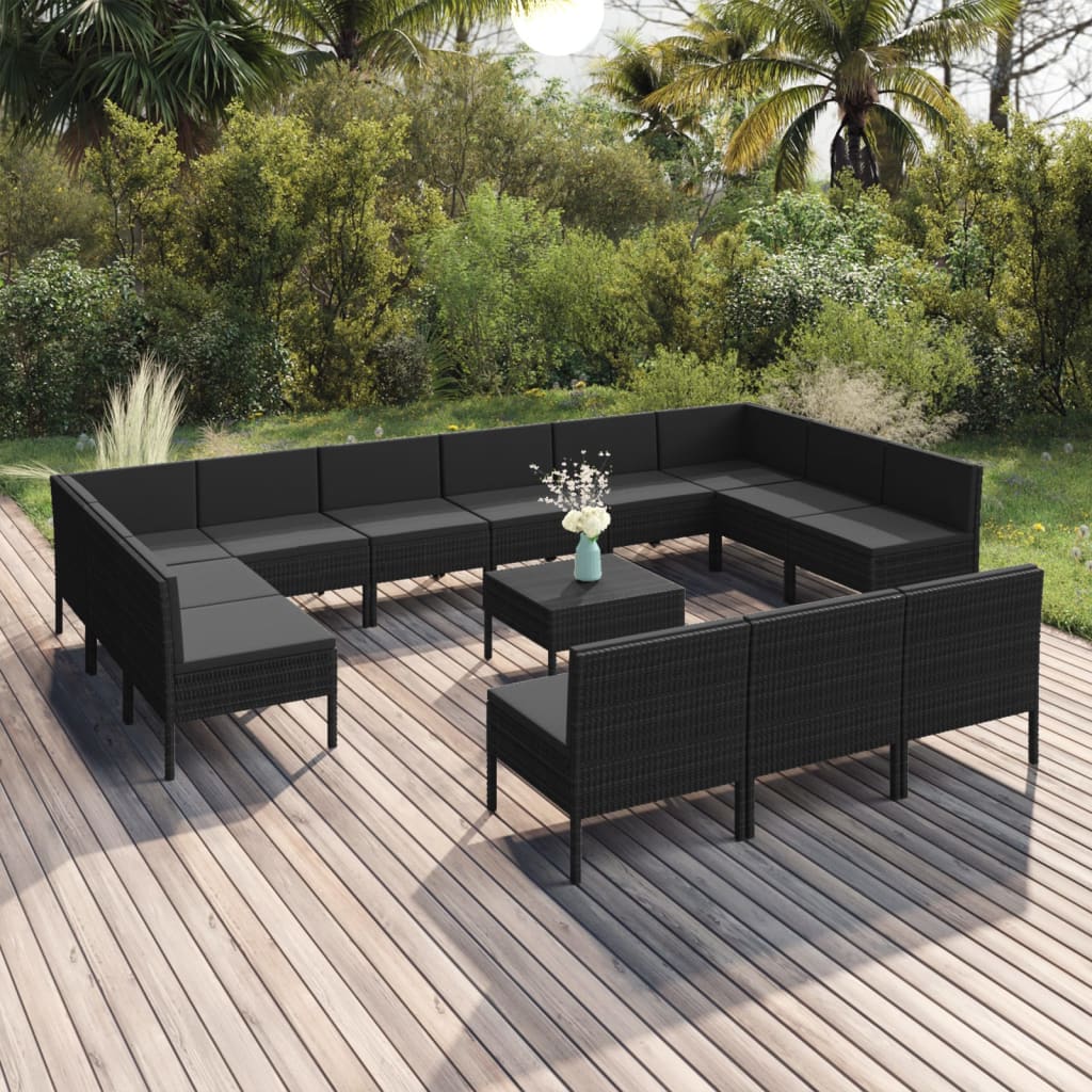 vidaXL Set mobilier de grădină cu perne, 14 piese, negru, poliratan