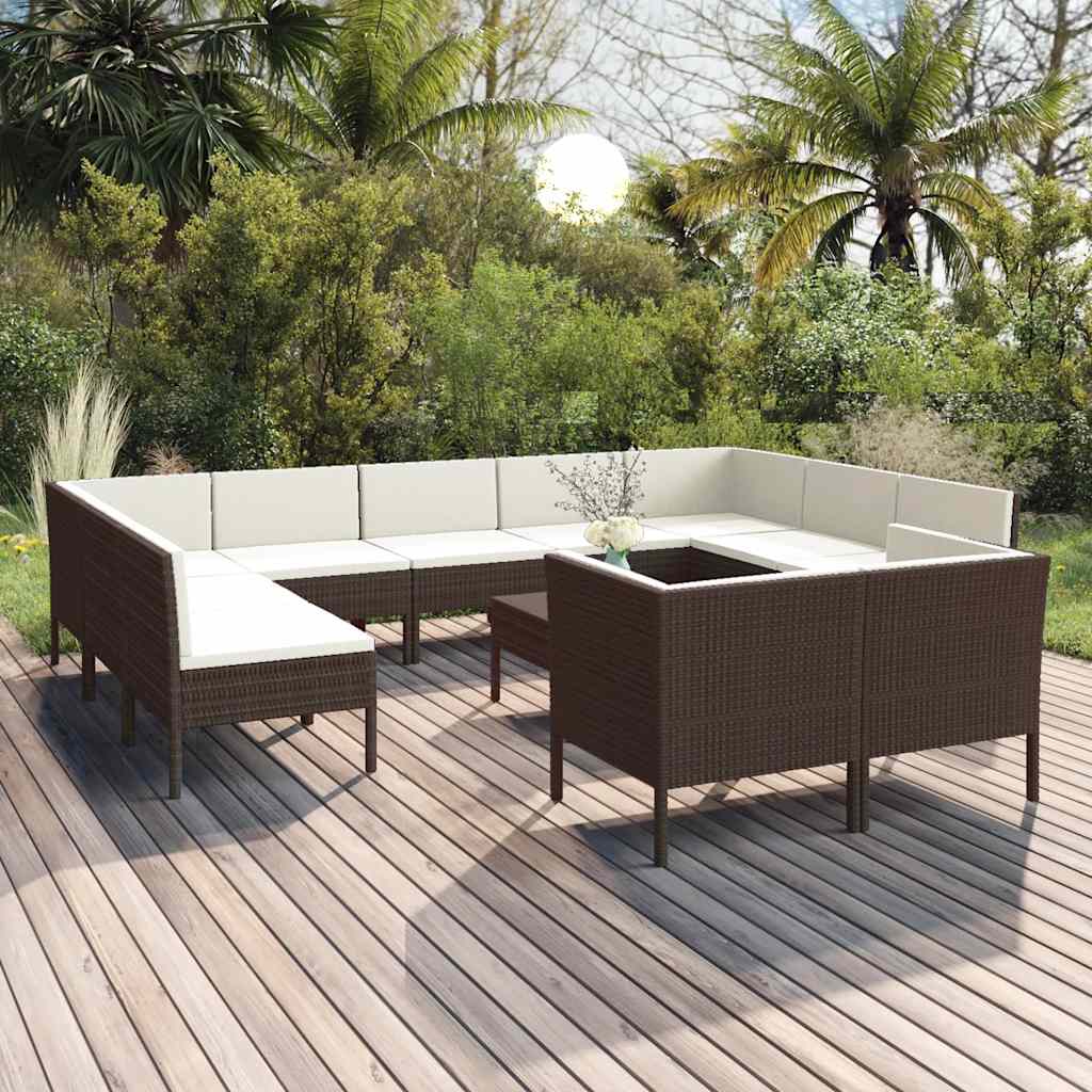 vida XL 12-tlg. Garten-Lounge-Set mit Auflagen Poly Rattan Braun