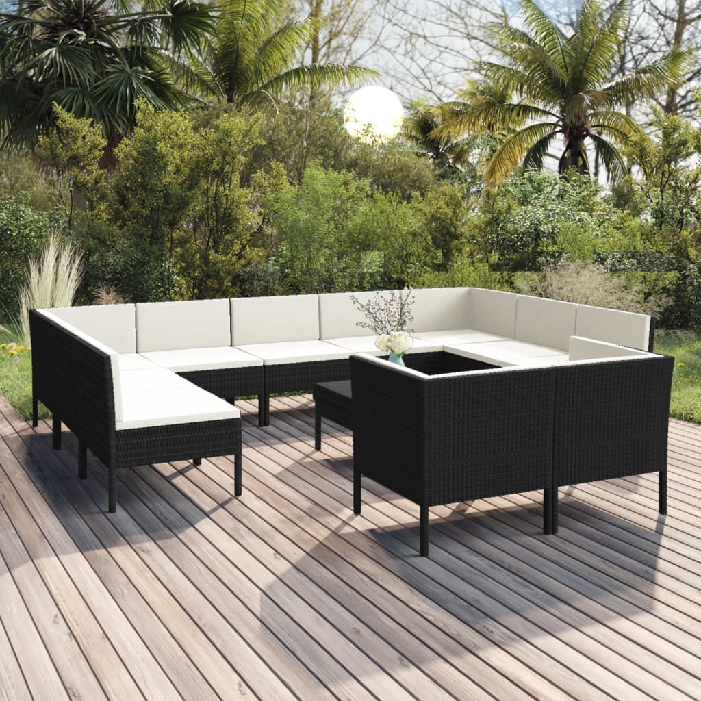 vidaXL 12-tlg. Garten-Lounge-Set mit Auflagen Poly Rattan Schwarz