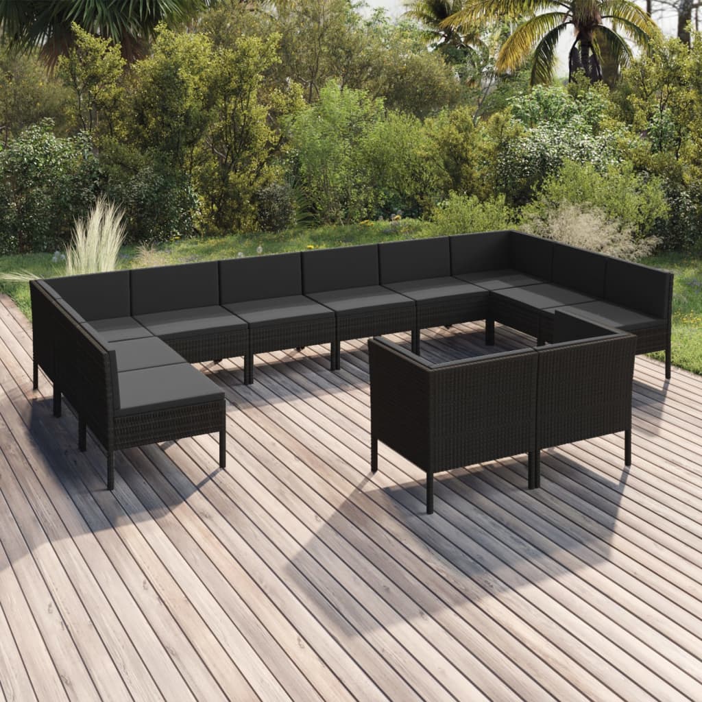 Set mobilier de grădină cu perne, 12 piese, negru, poliratan