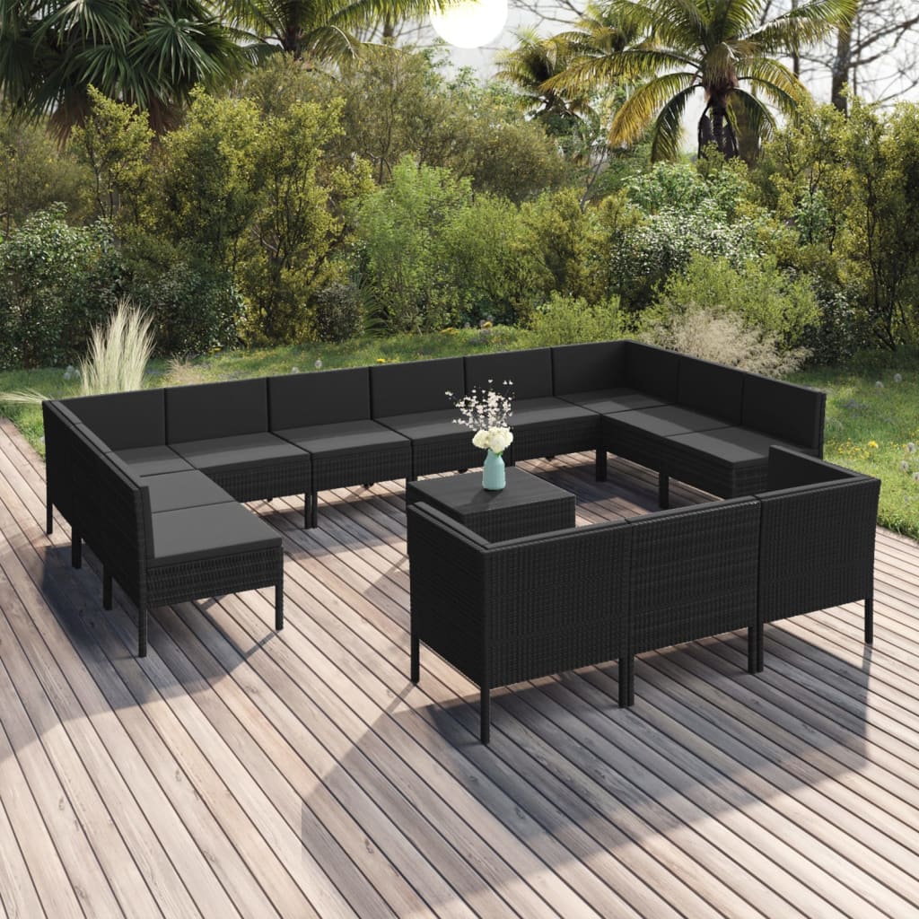 vidaXL 14-tlg. Garten-Lounge-Set mit Auflagen Poly Rattan Schwarz