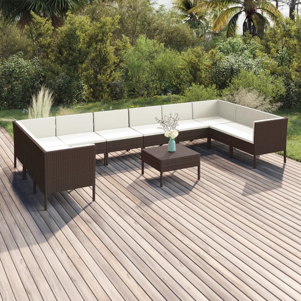 vidaXL Salon de jardin 11 pcs avec coussins Résine tressée Marron