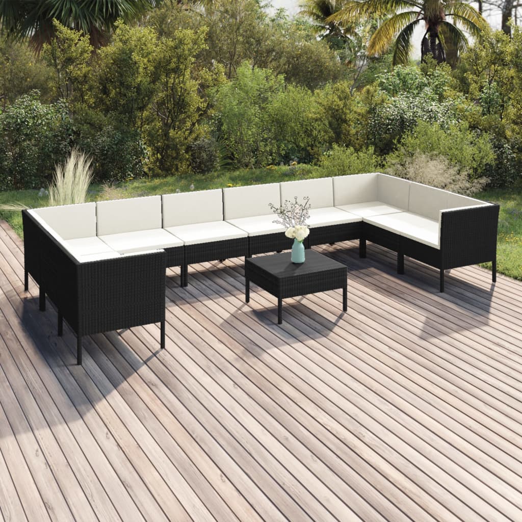 vidaXL 11-tlg. Garten-Lounge-Set mit Auflagen Poly Rattan Schwarz