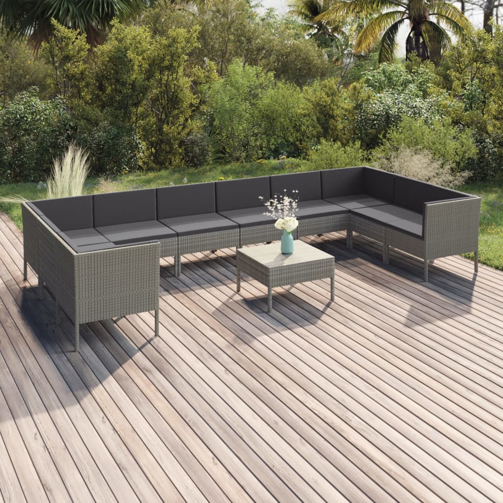 vidaXL 11-tlg. Garten-Lounge-Set mit Auflagen Poly Rattan Grau