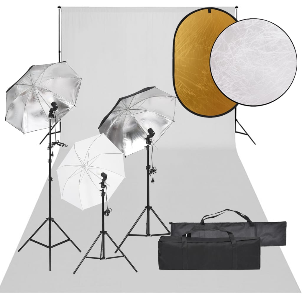 vidaXL Kit studio foto cu set de lumini, fundal și reflector vidaXL