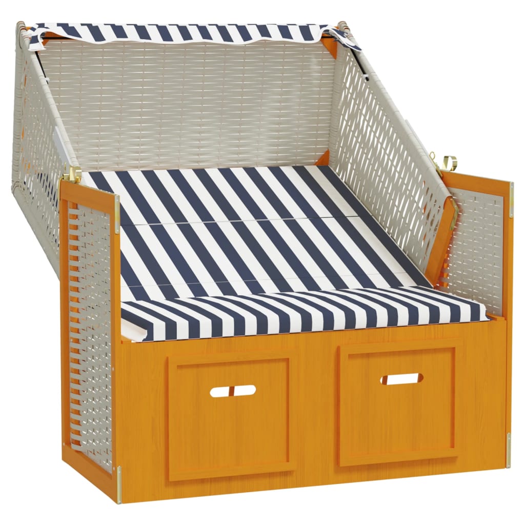 vidaXL Strandstoel met luifel poly rattan en massief hout wit en blauw