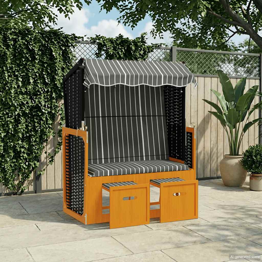 vidaXL Strandkorg med tak konstrottning och massivt tr&auml; svart & gr&aring;