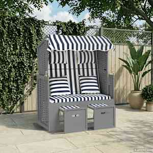 Stol za na plažo z blazinami poli ratan in trden les moder/bel