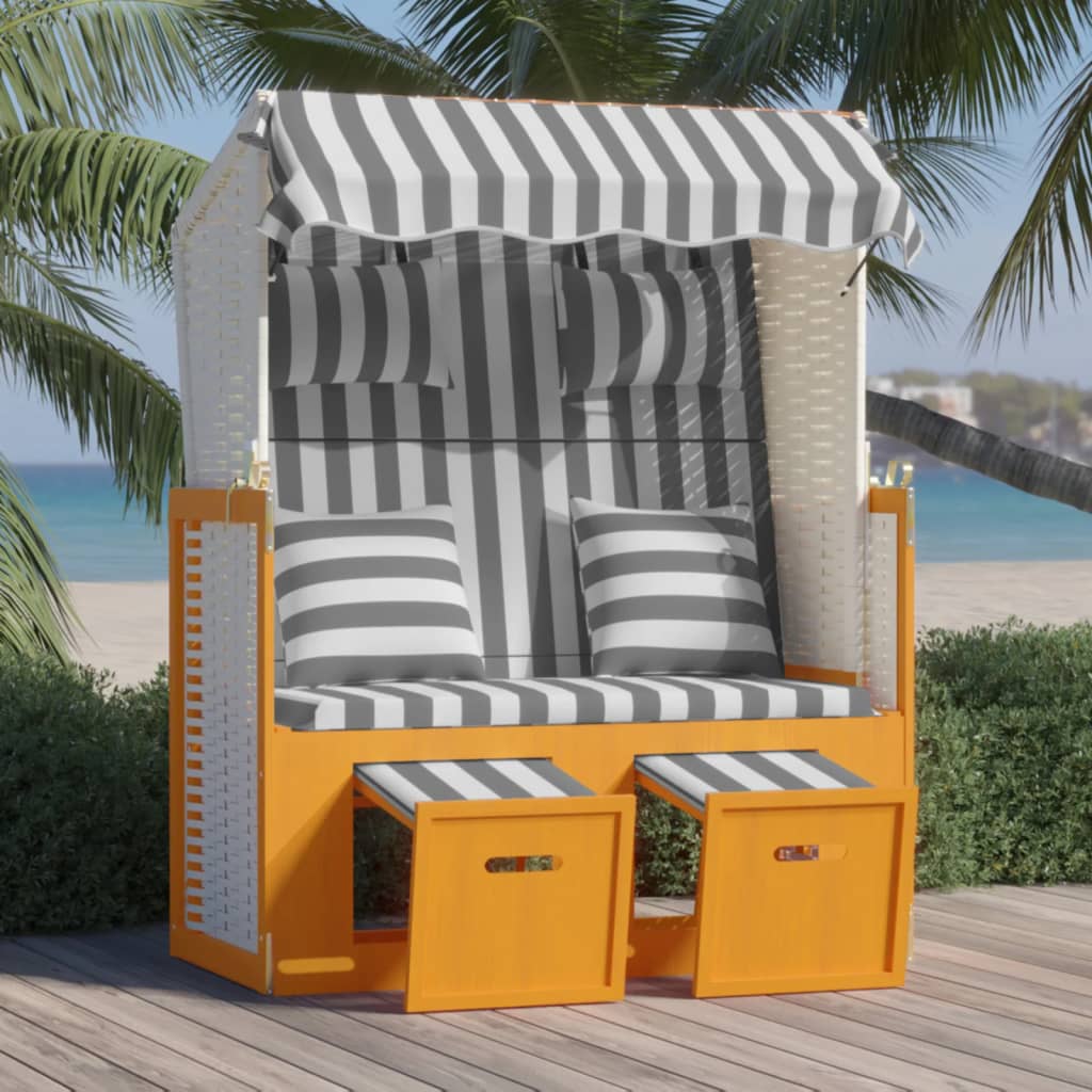 vidaXL Scaun de plajă cu perne, alb/gri, poliratan și lemn masiv