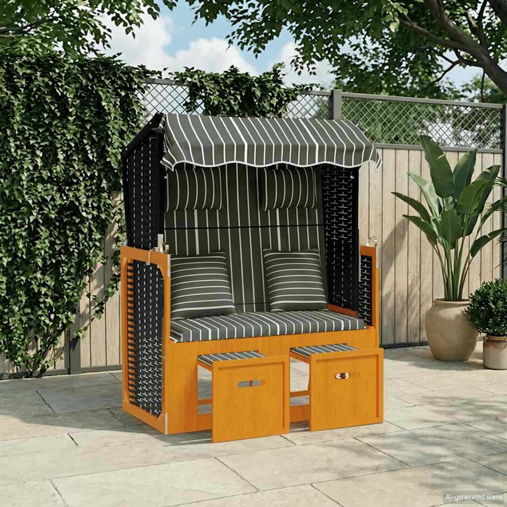 vidaXL Strandkorg med dynor konstrottning och massivt tr&auml; svart & gr&aring;