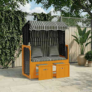 Stol za na plažo z blazinami poli ratan in trden les črn in siv