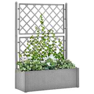 Vrtna visoka greda z mrežo in zalivalnim sistemom siva