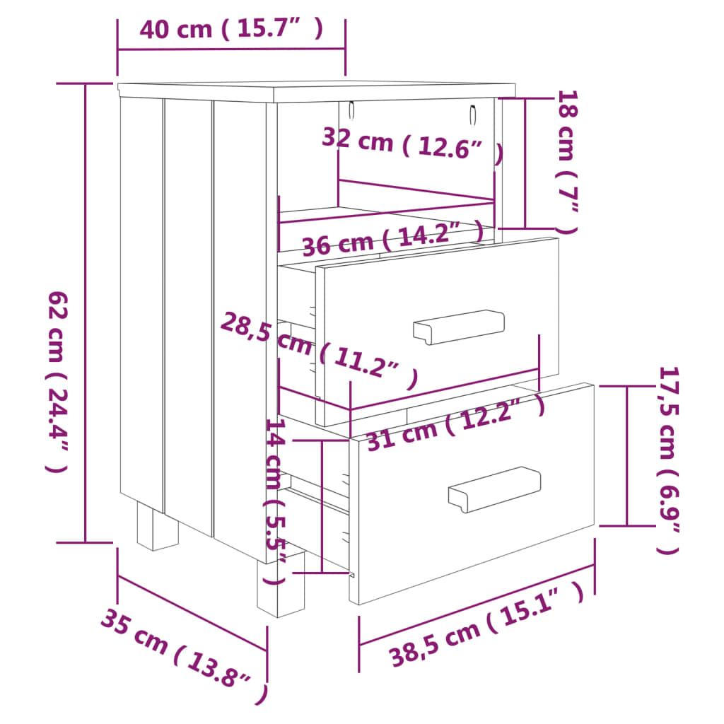 Noptiere HAMAR, 2 buc, alb, 40x35x62 cm, lemn masiv de pin