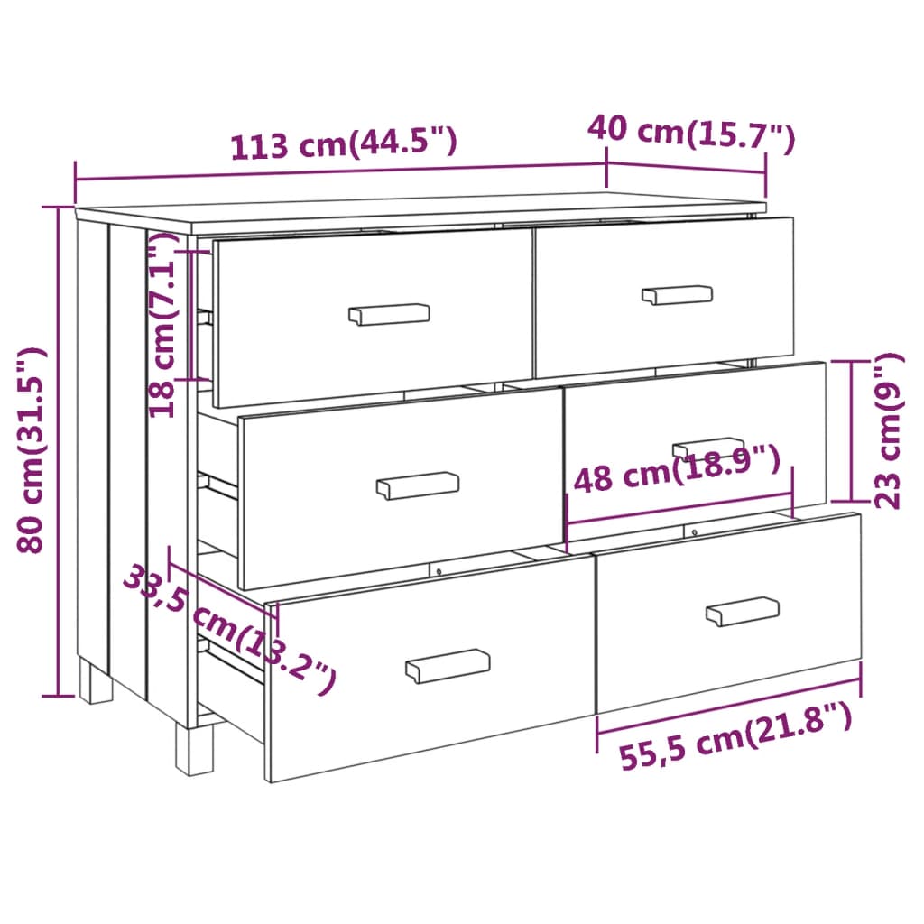 Komoda HAMAR medeno rjava 113x40x80 cm trdna borovina