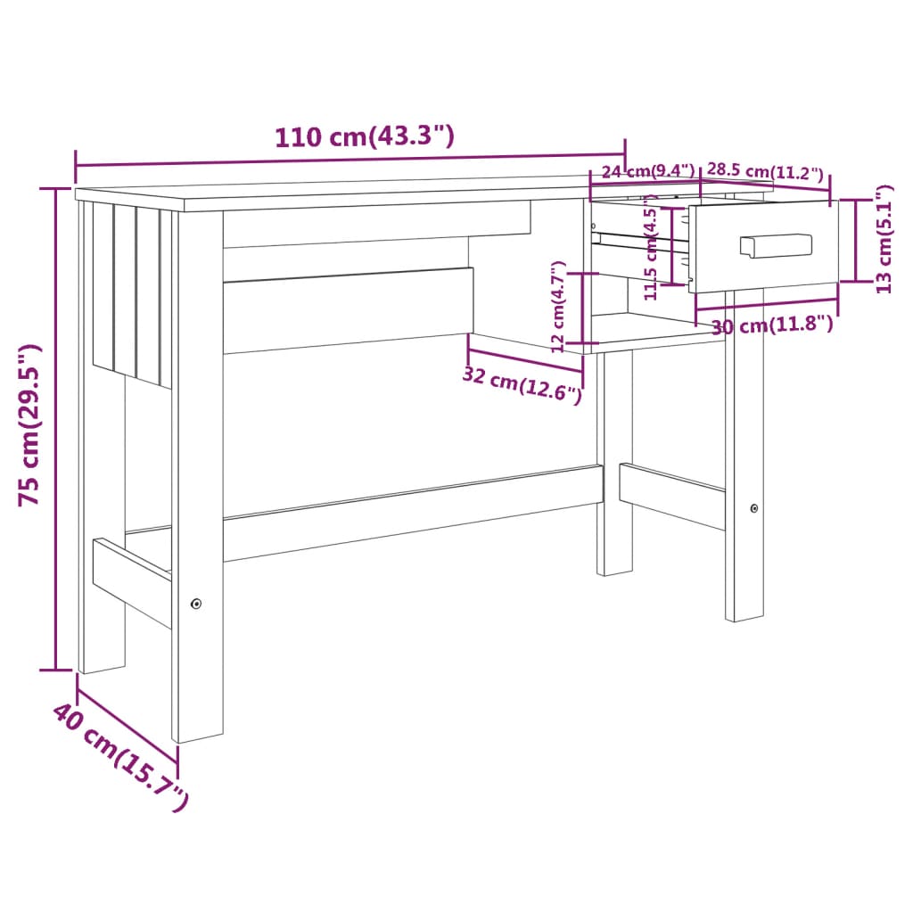 imagem de vidaXL Secretária HAMAR 110x40x75 cm pinho maciço branco9