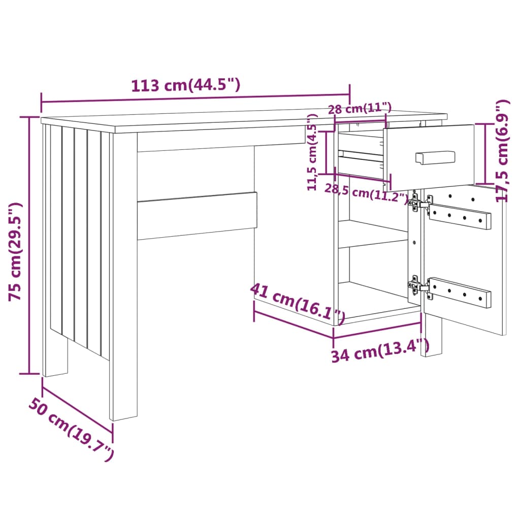 imagem de vidaXL Secretária HAMAR 113x50x75 cm pinho maciço branco9