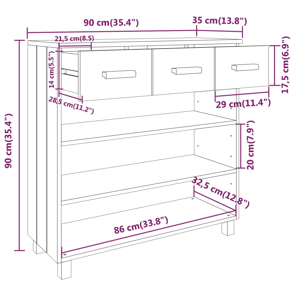 Konzolni stol HAMAR tamnosivi 90x35x90 cm od masivne borovine