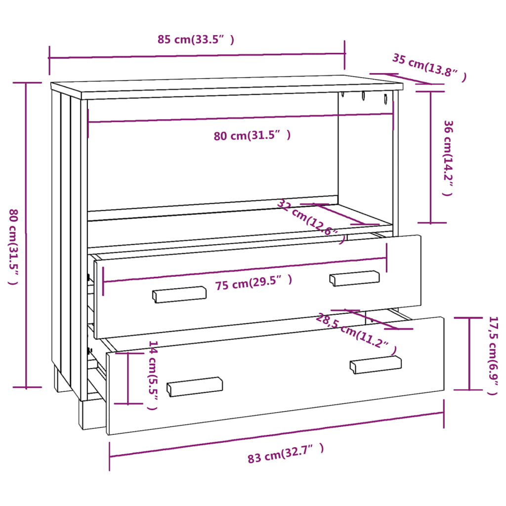 Komoda HAMAR bela 85x35x80 cm trdna borovina