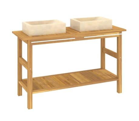 vidaXL Bathroom Vanity Cabinet with Cream Marble Sinks Solid Wood Teak