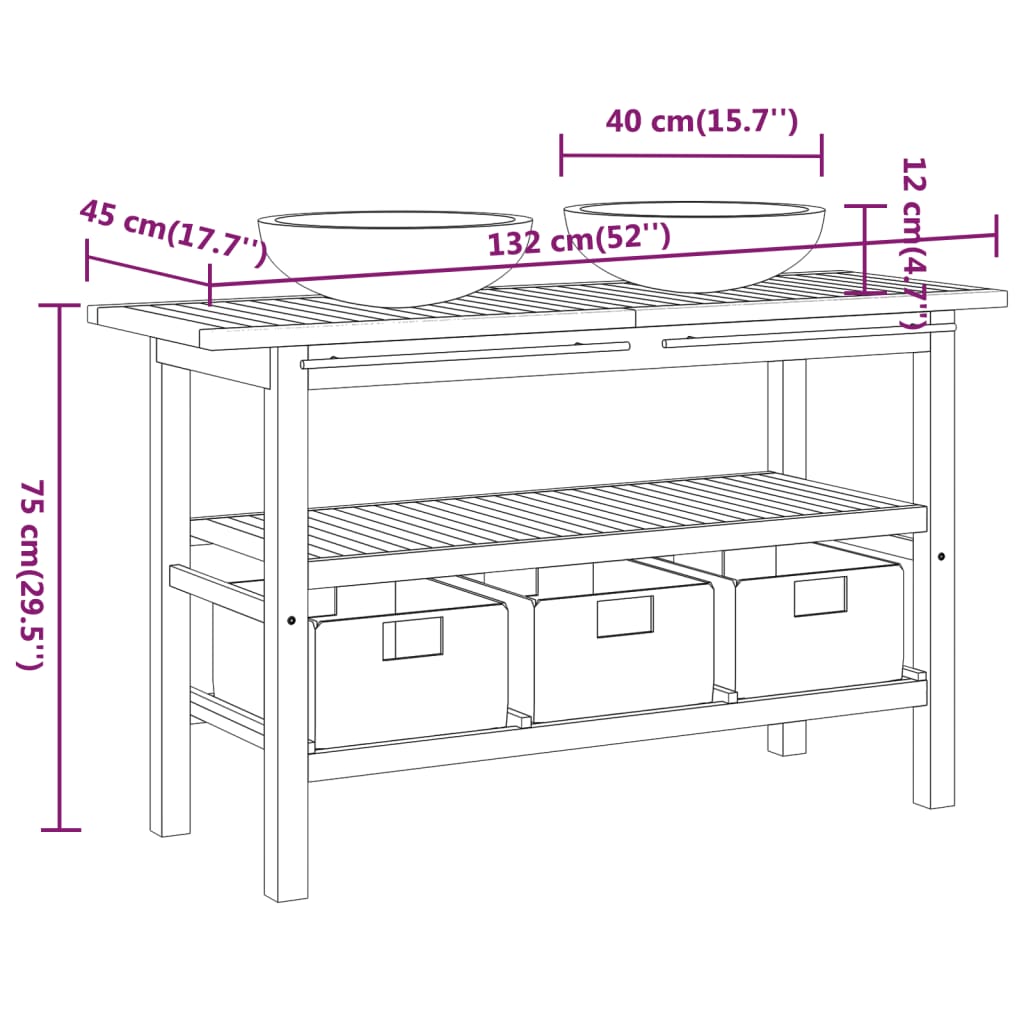Шкаф за баня с черни мраморни мивки, тиково дърво масив