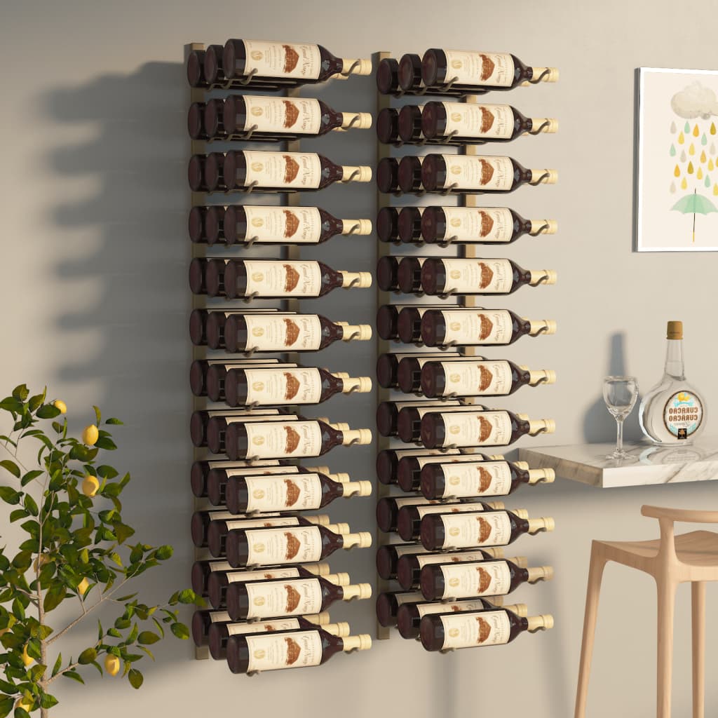 vidaXL Suport sticle de vin de perete, 36 sticle, 2 buc., auriu, fier
