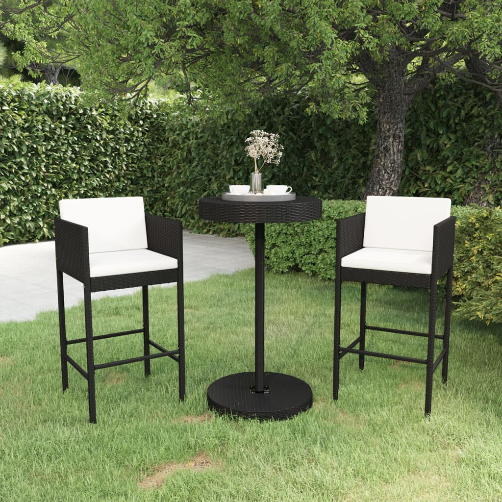 vidaXL Set mobilier bar de grădină cu perne, 3 piese, negru, poliratan bar
