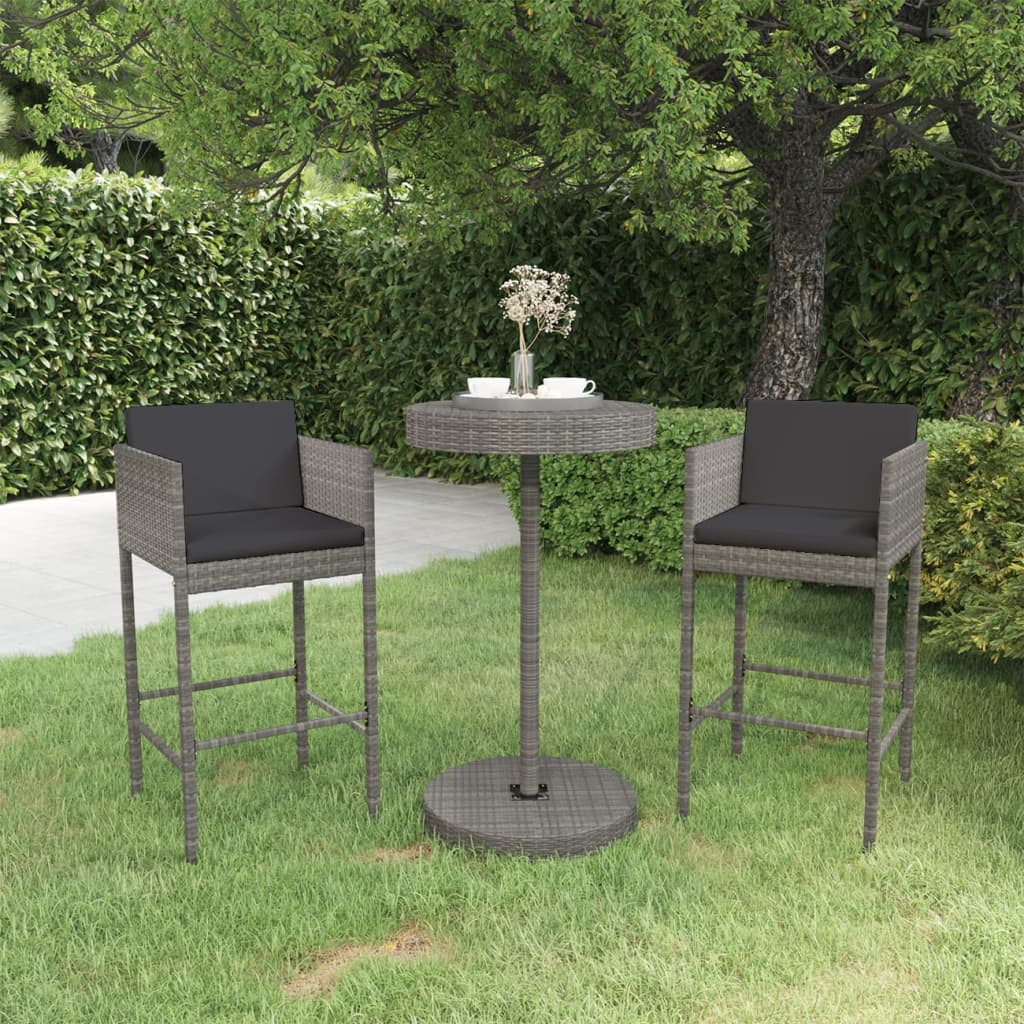 vidaXL 3-tlg. Gartenbar-Set mit Kissen Poly Rattan Grau