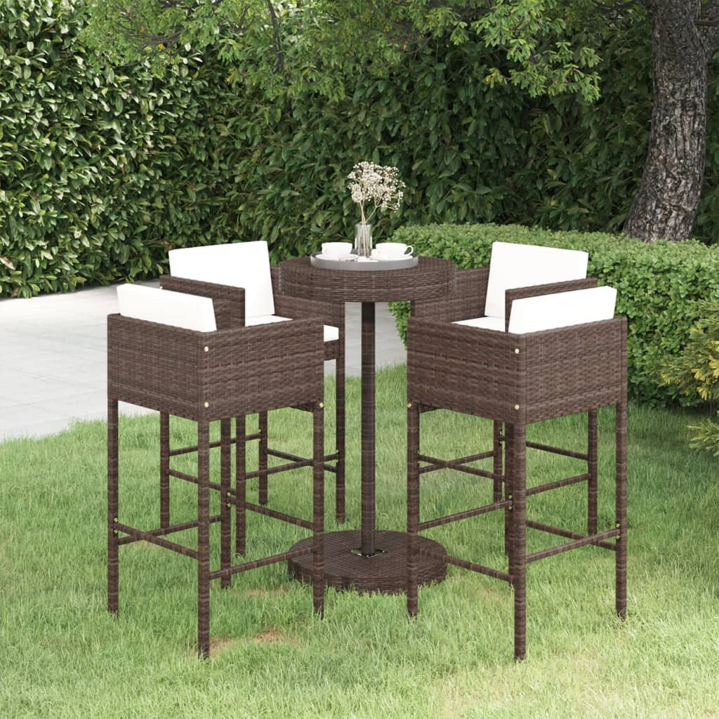 vidaXL 5-tlg. Gartenbar-Set mit Kissen Poly Rattan Braun