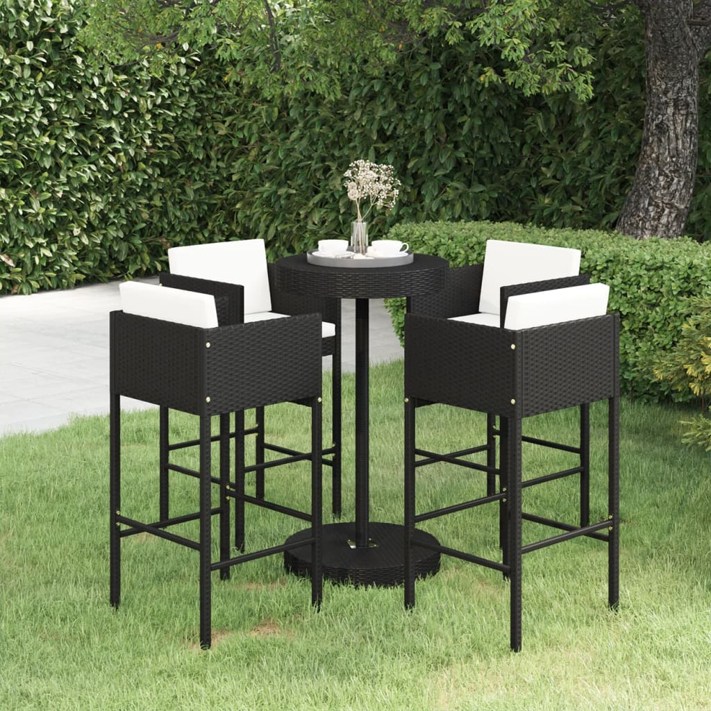 vidaXL 5-tlg. Gartenbar-Set mit Kissen Poly Rattan Schwarz