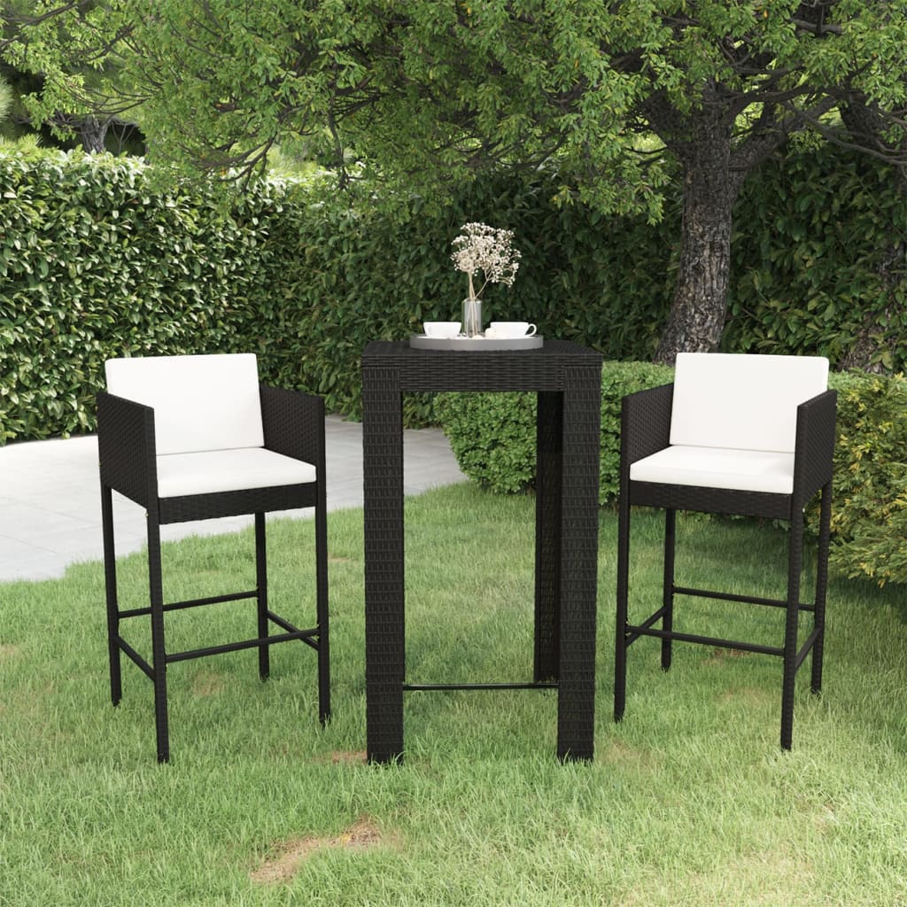 Ensemble de bar de jardin 3 pcs et coussins Résine tressée Noir
