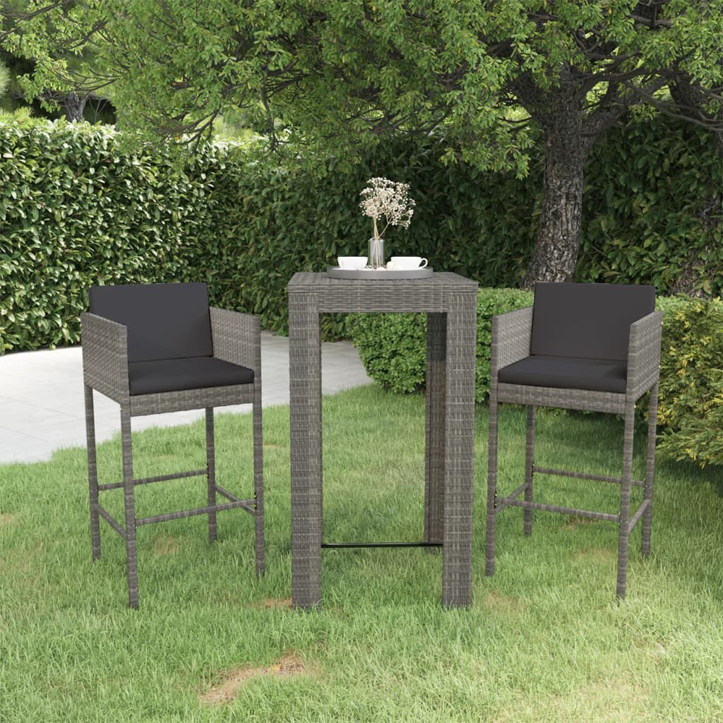 3-tlg. Gartenbar-Set mit Kissen Poly Rattan Grau