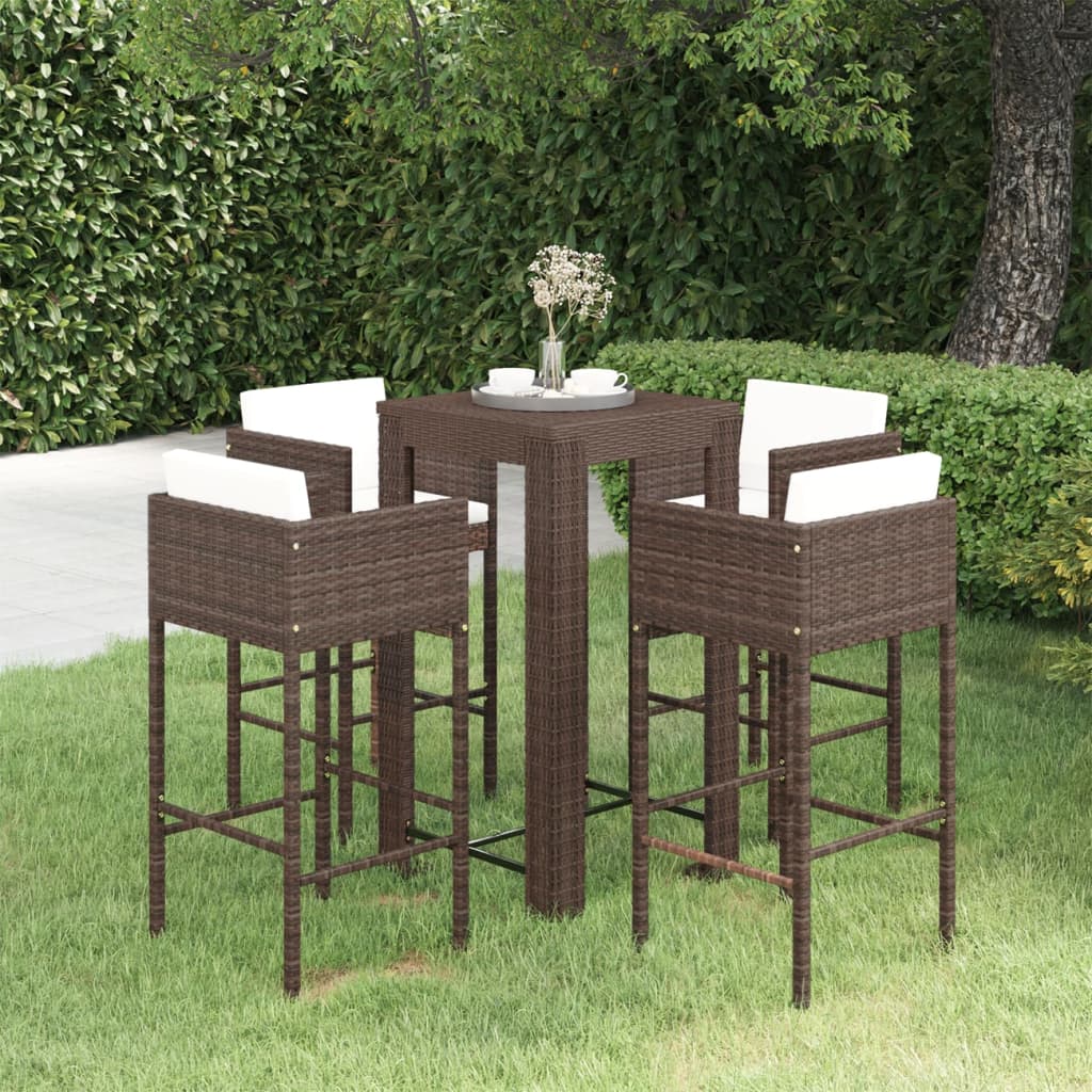 vidaXL 5-tlg. Gartenbar-Set mit Kissen Poly Rattan Braun