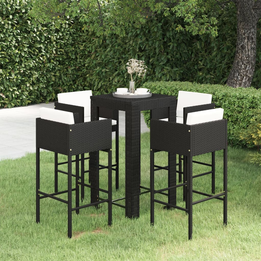 Set mobilier bar de grădină cu perne, 5 piese, negru, poliratan