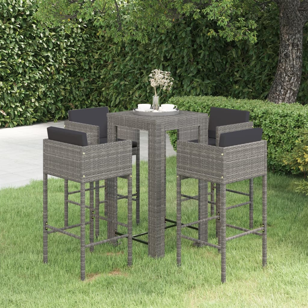 vidaXL 5-tlg. Gartenbar-Set mit Kissen Poly Rattan Grau