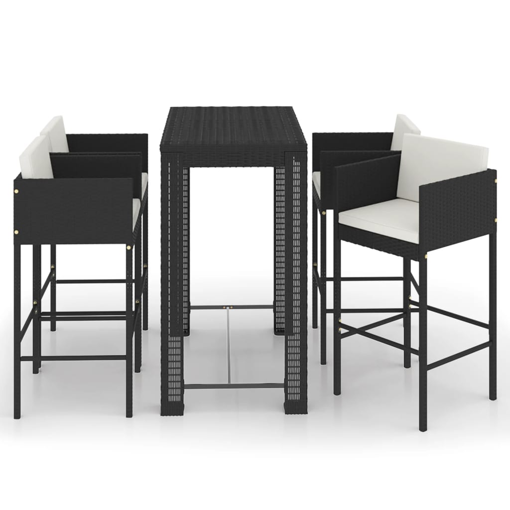 Set mobilier bar de grădină cu perne, 5 piese, negru, poliratan