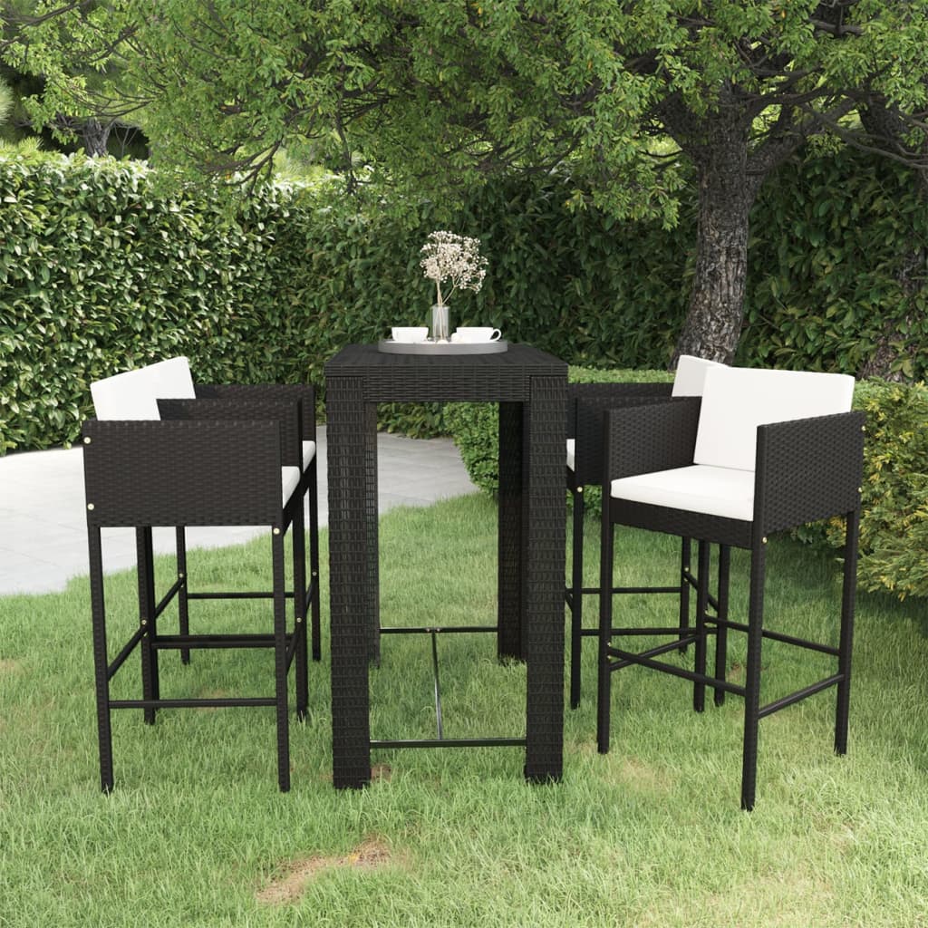 vidaXL 5-tlg. Gartenbar-Set mit Kissen Poly Rattan Schwarz