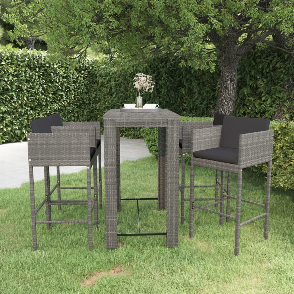 vidaXL 5-tlg. Gartenbar-Set mit Kissen Poly Rattan Grau