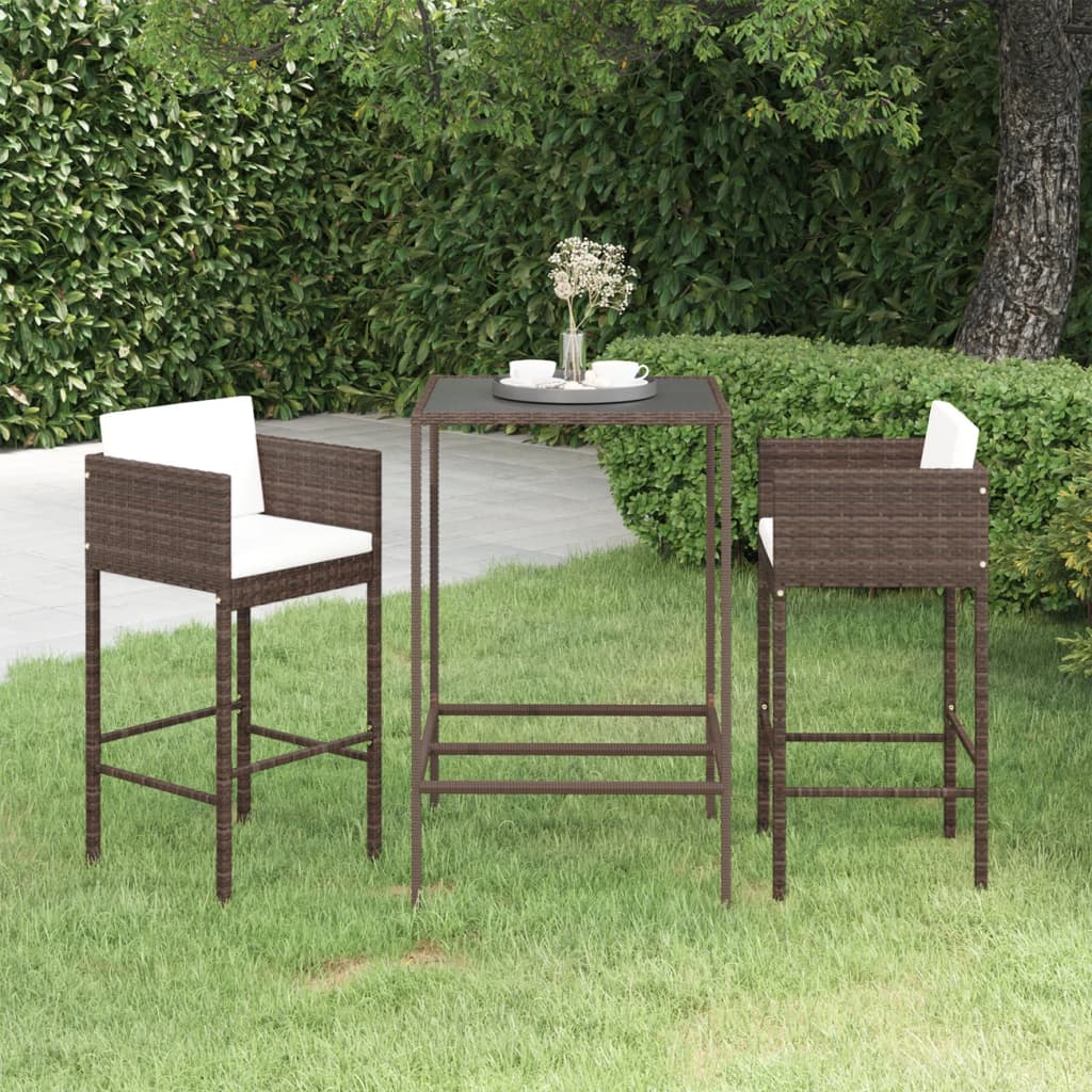 vidaXL Meubles de bar de jardin 3pcs et coussins Résine tressée Marron