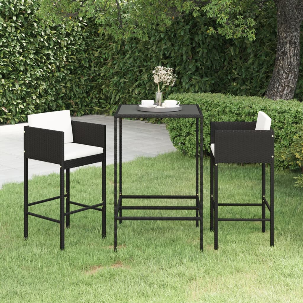 vidaXL 3-tlg. Gartenbar-Set mit Kissen Poly Rattan Schwarz