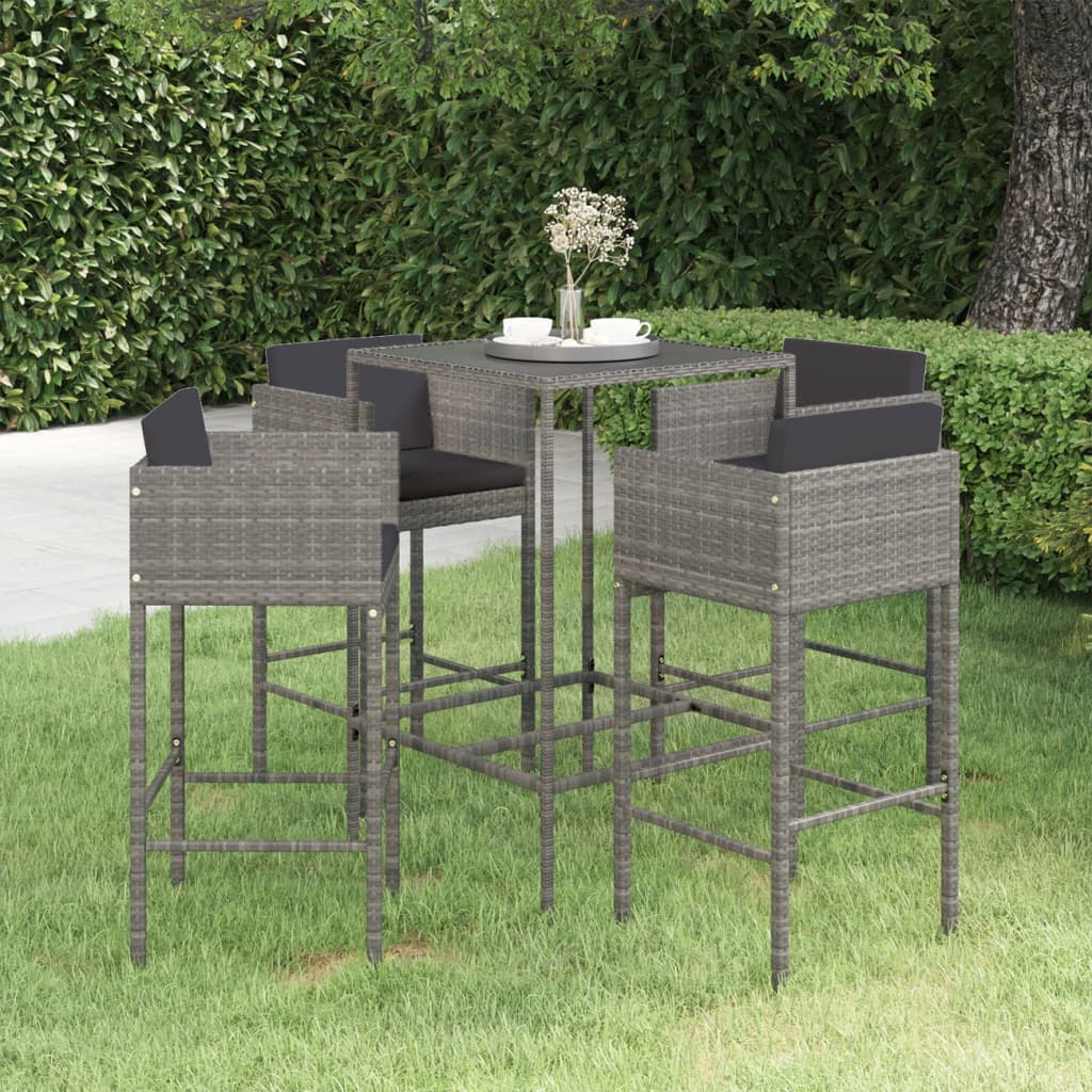 vidaXL 5-tlg. Gartenbar-Set mit Kissen Poly Rattan Grau