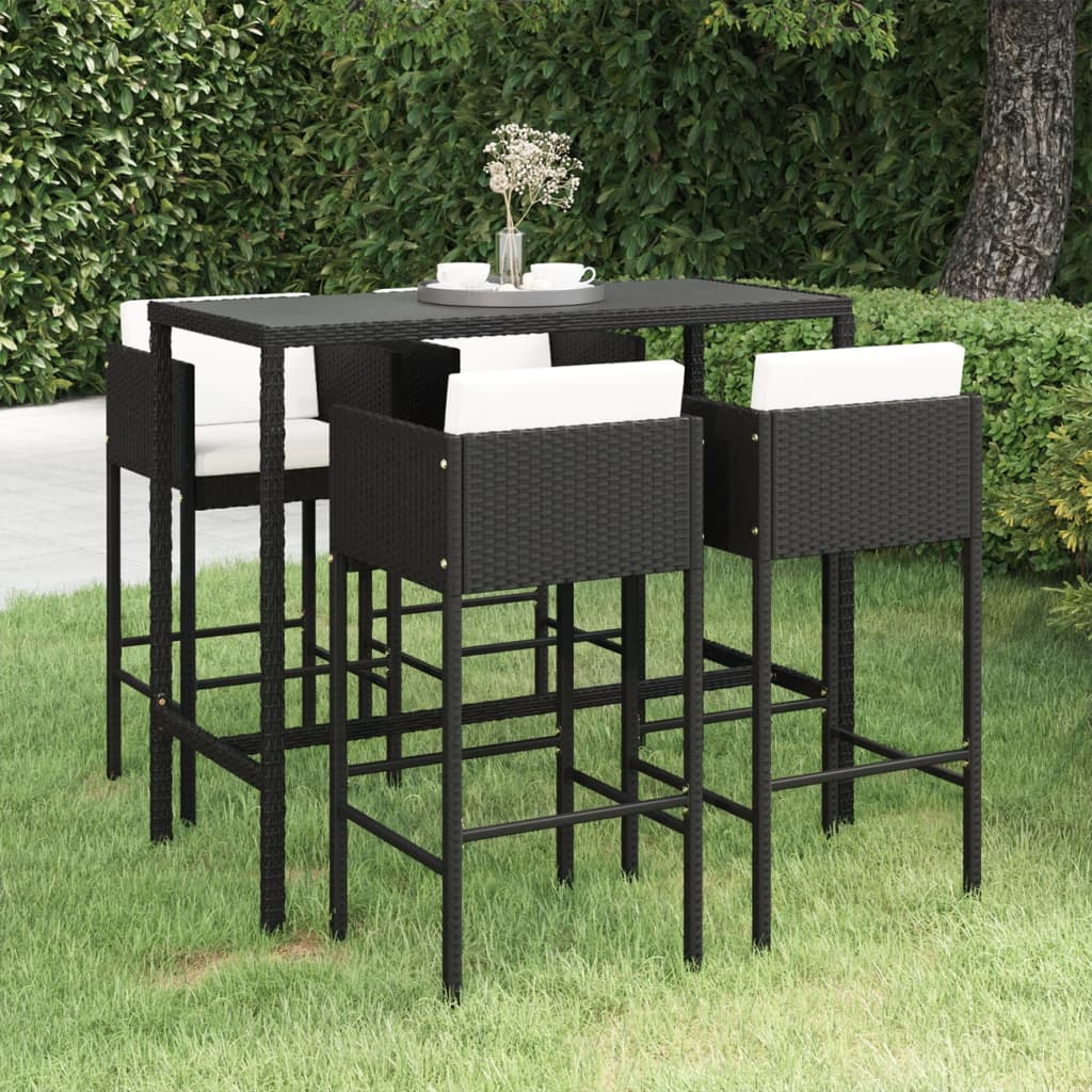 vidaXL 5-tlg. Gartenbar-Set mit Kissen Poly Rattan Schwarz