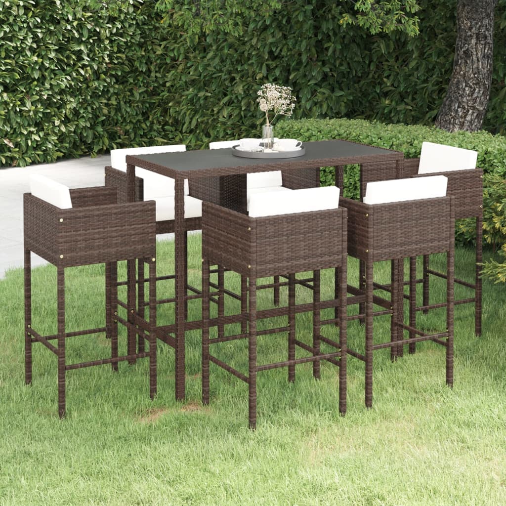 vidaXL 7-tlg. Gartenbar-Set mit Kissen Poly Rattan Braun